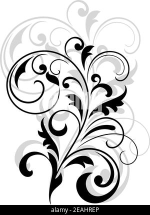 Motif fleuri calligraphique à défilement en noir et blanc superposé un agrandissement répété en gris Illustration de Vecteur