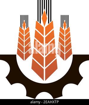 Icône représentant l'industrie et l'agriculture avec trois oreilles de mûre blé doré au-dessus d'un engrenage mécanique partiel représentant l'industrie Illustration de Vecteur