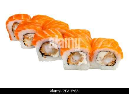 Sushi Philadelphie avec crevettes tempura. Isolé sur un blanc Banque D'Images
