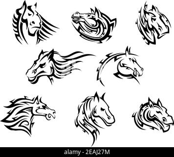 Collection de huit motifs différents de tatouages tribaux de cheval en noir et blanc Illustration de Vecteur