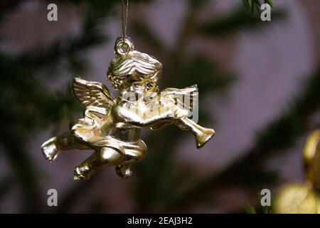 Carte de Noël avec ange doré jouant sur un mandolin sur un arbre de Noël. Placer pour le texte. Carte de Noël avec fond de couleur Banque D'Images