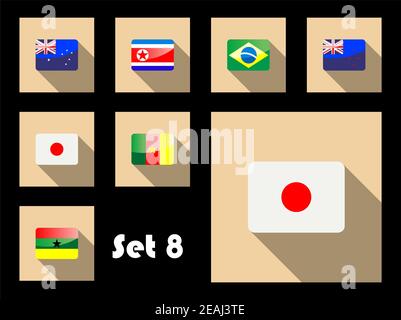 Icônes plates des drapeaux de l'Australie, du Japon, du Brésil, de la Nouvelle-Zélande, de la République de Corée, du Ghana et du Cameroun Illustration de Vecteur