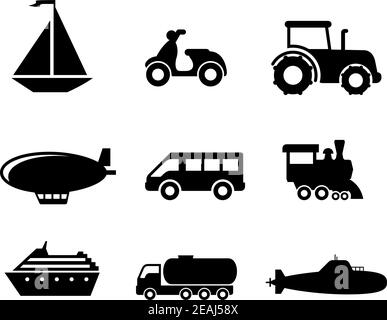 Collection d'icônes de transport représentant un bateau, un scooter, un tracteur, un blimp, une fourgonnette, un train, un paquebot, un camion et un avion en silhouette noire Illustration de Vecteur