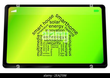Tablette avec Smart Home Wordcloud sur un ordinateur de bureau écologique - Illustration 3D Banque D'Images