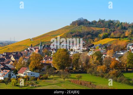 Village viticole allemand Grunbach avec vignoble en automne Banque D'Images