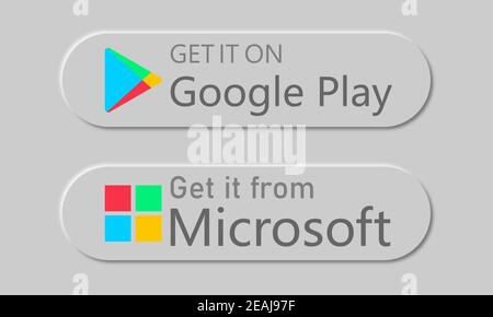 Boutons Google Play Store et Microsoft Store. Bouton de téléchargement d'application mobile avec ombre. Design moderne Neumorphic. Isolé sur fond gris. Vecteur e Illustration de Vecteur