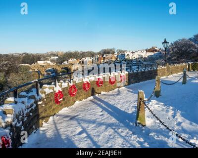 Des couronnes de pavot le long du mur surplombant le Viaduc de Knaresborough dans le Parc du château de Knaresborough North Yorkshire England Banque D'Images