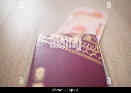 Passeport suédois en plus d'un Lempira hondurien flou Facture Banque D'Images