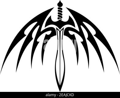 Épée ailée avec des ailes écartées et des plumes barbelées aiguisées pour motif tatouage tribal Illustration de Vecteur