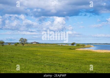 Tour d'observation des oiseaux sur une colline au lac Hornborgasjon Banque D'Images