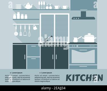 Infographie sur la conception modulaire de l'intérieur de la cuisine à paroi simple et plate dans les couleurs bleues avec étagères, placards, four, hotte aspirante et ustensiles de cuisine Illustration de Vecteur