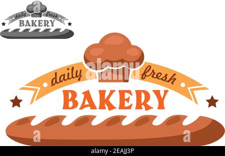 Emblème ou logo de boulangerie de style rétro avec baguette française appétissante et croustillante, bannière de ruban, étoiles, chapeau de chef, texte Daily Fresh Bakery en deux couleurs Illustration de Vecteur