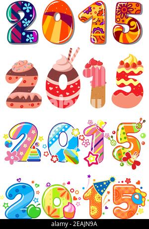 Jeux à thème amusants et colorés pour enfants 2015 avec gâteaux, crèmes, fleurs et jouets pour les fêtes et leçons de mathématiques pour enfants Illustration de Vecteur