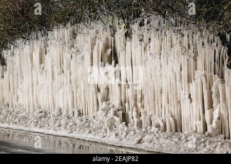 Ashford, Kent, Royaume-Uni. 10 févr. 2021. Météo au Royaume-Uni : au milieu de la tempête Darcy, d'incroyables glaces de bord de route se forment sur la route A28 Ashford entre Bethersden et High Halden dans le Kent. Crédit photo : Paul Lawrenson/Alay Live News Banque D'Images