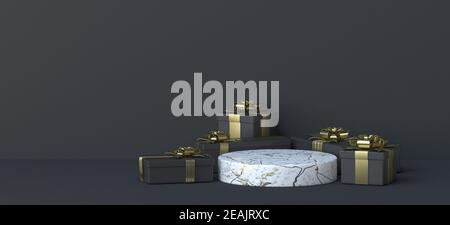 Arrière-plan abstrait avec podium en marbre et boîtes cadeaux 3D Banque D'Images