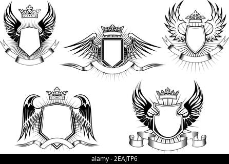 Collection de boucliers héraldiques royaux avec couronnes, ailes, banderoles de ruban et rayons de lumière sur fond blanc Illustration de Vecteur