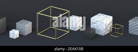 Arrière-plan abstrait fil doré, marbre blanc et triangle cubes motif 3D Banque D'Images