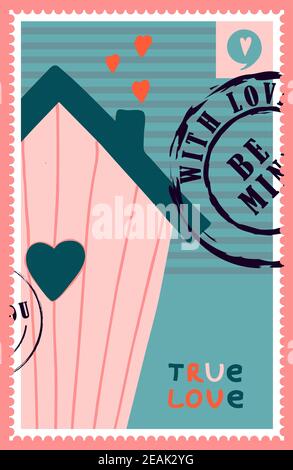 timbres-poste romantiques. enveloppes et cartes pour la saint-valentin. Vue de haut en bas. Illustration vectorielle moderne pour la conception et l'impression de sites Web. Timbres rétro. Concept de correspondance et de livraison postale Banque D'Images