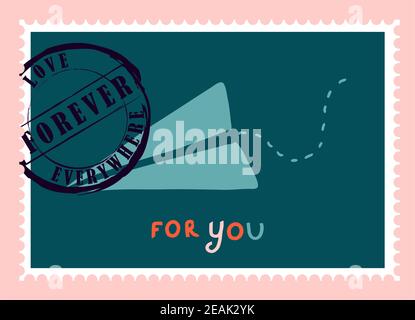 timbres-poste romantiques. enveloppes et cartes pour la saint-valentin. Vue de haut en bas. Illustration vectorielle moderne pour la conception et l'impression de sites Web. Timbres rétro. Concept de correspondance et de livraison postale Banque D'Images