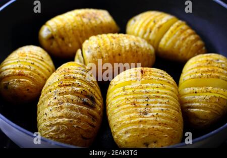 Pommes de terre hasselback croustillantes cuites au four. Banque D'Images