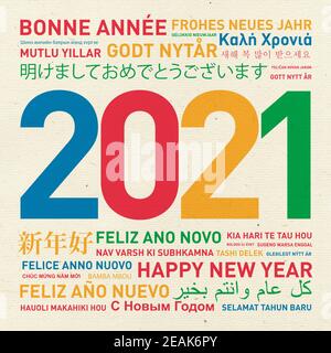 Bonne année carte vintage colorée du monde entier Banque D'Images