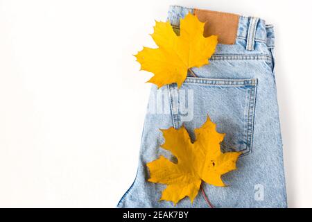 Gros plan sur la feuille d'érable dans la poche jean. Denim tendance en automne. Macro. Pose à plat. Vue de dessus. Banque D'Images