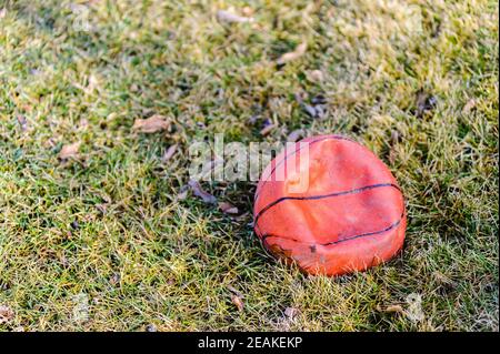 Basket-ball orange sale dégonflé sur l'herbe. Banque D'Images