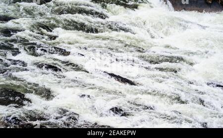 L'eau peu profonde de la rivière s'éfond parmi les rochers. Banque D'Images