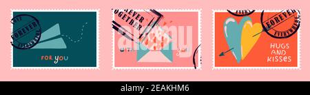 timbres-poste romantiques. enveloppes et cartes pour la saint-valentin. Vue de haut en bas. Illustration vectorielle moderne pour la conception et l'impression de sites Web. Timbres rétro. Concept de correspondance et de livraison postale Banque D'Images