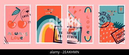 timbres-poste romantiques. enveloppes et cartes pour la saint-valentin. Vue de haut en bas. Illustration vectorielle moderne pour la conception et l'impression de sites Web. Timbres rétro. Concept de correspondance et de livraison postale Banque D'Images