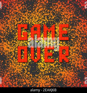 Affiche rétro Game Over avec des gouttes rouges sur fond sombre. Concept de jeu. Écran jeu vidéo Banque D'Images