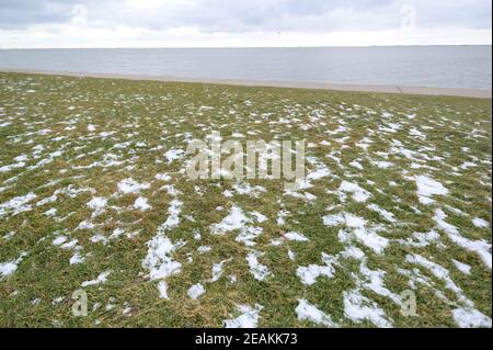 Wilhelmshaven, Allemagne. 10 février 2021. Seule une petite neige se trouve sous les nuages gris dans l'herbe à la plage sud. Credit: Jonas Walzberg/dpa/Alay Live News Banque D'Images