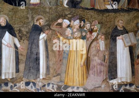 Saints Pierre le Martyr et Thomas d'Aquin réfutent les hérétiques, détail de l'église active et triomphante, fresque par Andrea Di Bonaiuto, Chapelle espagnole à Santa Maria Novella principale église dominicaine à Florence, Italie Banque D'Images