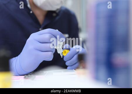 Le dentiste tient une bouteille en plastique avec un composé adhésif. L'application de la composition adhésive. Installation de bretelles pour l'alignement de la dentition ou de la morsure. Personne méconnaissable. Mains dans des gants de protection. Banque D'Images