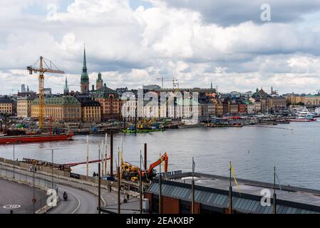 Stockholm, Suède - 8 août 2019 : travaux de construction sur le front de mer du port de Stockholm. Banque D'Images