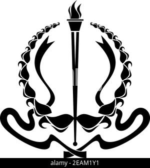 Couronne circulaire stylisée avec torches et torches ruban dans une illustration de silhouette noire Illustration de Vecteur