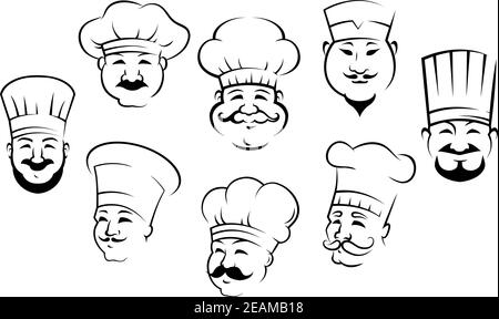 Ensemble de dessins de coolé noir et blanc pour souligner les chefs souriants ou les têtes de cuisine portant leurs toques traditionnelles Illustration de Vecteur