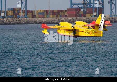 Un avion de lutte contre le feu collectant de l'eau de mer pour éteindre un feu de forêt. Banque D'Images