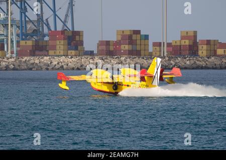 Un avion de lutte contre le feu collectant de l'eau de mer pour éteindre un feu de forêt. Banque D'Images