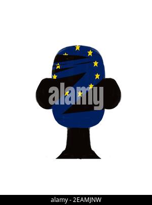 L'Europe sur une silhouette de tête. Illustration de géopolitique. Europe avec représentation de l'identité du drapeau. Avatar Clipart isolé sur blanc Banque D'Images