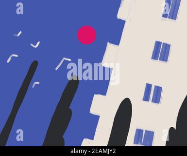 Bâtiment minimaliste dans un style moderne et Fauvism avec soleil rouge et oiseau. Burtalisme et Matisse Vibe blanc et noir sur fond bleu. Banque D'Images