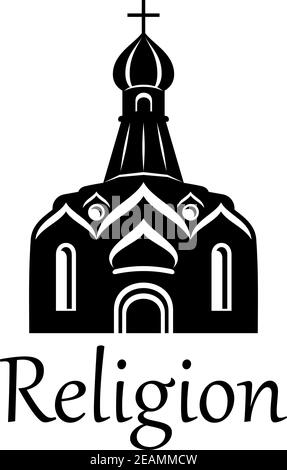 Façade de l'église avec dôme ou coupole et croix avec Texte 'religion' isolé sur fond blanc Illustration de Vecteur