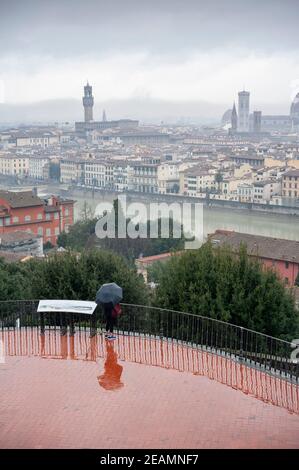 Paysage urbain par temps de pluie, depuis une terrasse sur la place Michel-Ange. Femme avec parapluie debout sous la pluie. Vue de dessus. Banque D'Images