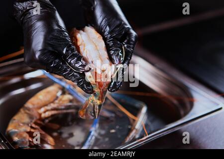 Les rips ouvrent la coquille d'une crevette géante d'eau douce. Personne méconnaissable. Mains dans des gants de protection. Concept de cuisine. Banque D'Images