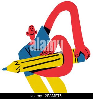 Smiling Boy Enrolling Giant Pencil with his arm. Funny cartoon clipart. Registration Concept isolated on white. Draw with Primary Color. Stock Photo