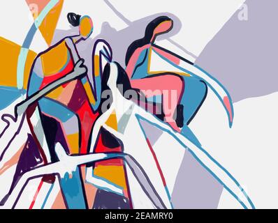 Groupe de femmes abstraites Chill. Peinture de Cubisme et d'Expressionisme. Mondrian et keith haring Vibe. Illustration d'art contemporain pour l'impression, l'affiche et la toile Banque D'Images