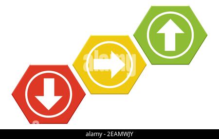 3 boutons hexagonaux avec flèches vers le haut, le bas et les côtés Banque D'Images