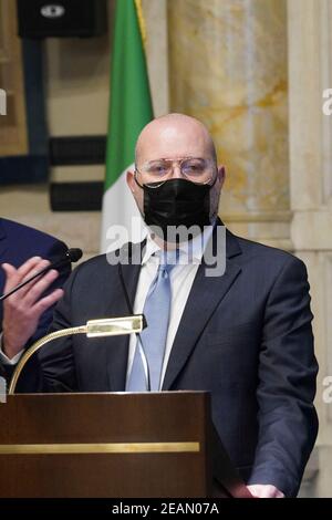 Rome, Italie. 10 février 2021. 2/10/2021 - crise gouvernementale consultations de Draghi avec les partenaires sociaux pour la formation du nouveau gouvernement dans la photo STEFANO BONACCINI PRÉSIDENT CONFÉRENCE RÉGIONS usage éditorial seulement (photo par IPA/Sipa USA) crédit: SIPA USA/Alay Live News Banque D'Images