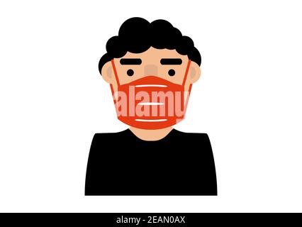 Illustration d'un homme utilisant un masque de corona rouge Banque D'Images
