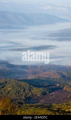 Montagnes et forêts de Crimée. Conifères et feuillus sur les collines des montagnes et des rochers Banque D'Images